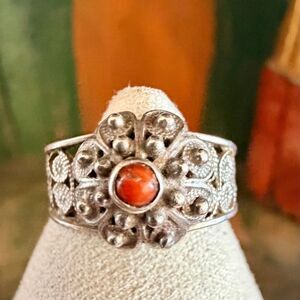 800 Silver Coral Filigree Adjustable Cuff Ring